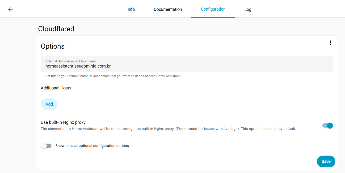 Configurar o addon, colocando o seu domínio/sub para acessar o Home Assistant